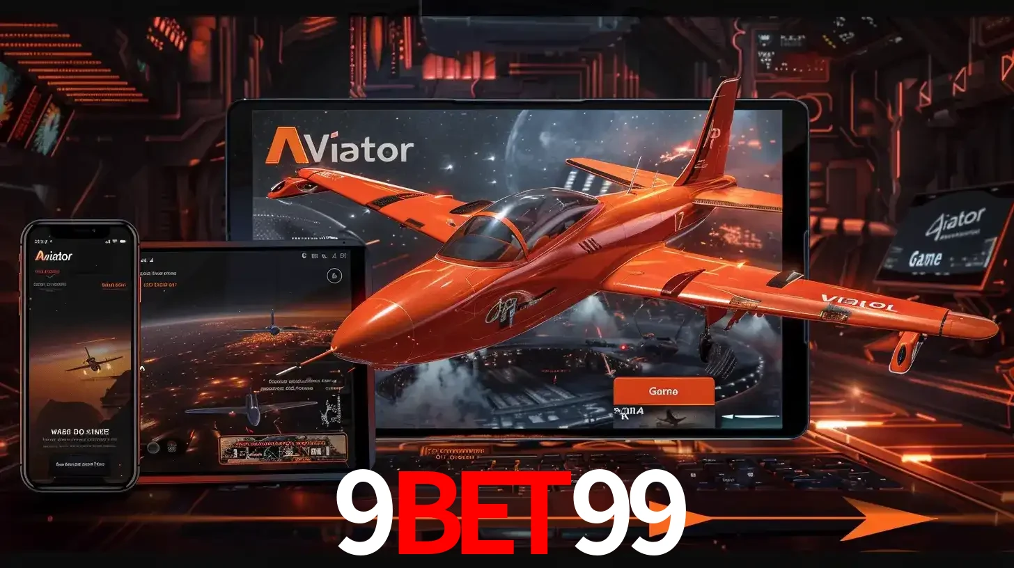 Apresentação tecnológica do jogo Aviator com um avião saindo da tela de um tablet, demonstrando a experiência imersiva em múltiplos dispositivos no 9bet99.