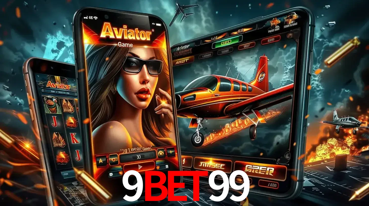 O popular jogo de apostas Aviator exibido em vários celulares e tablets, mostrando a interface emocionante e a ação de voo disponíveis para jogar agora no 9bet99.