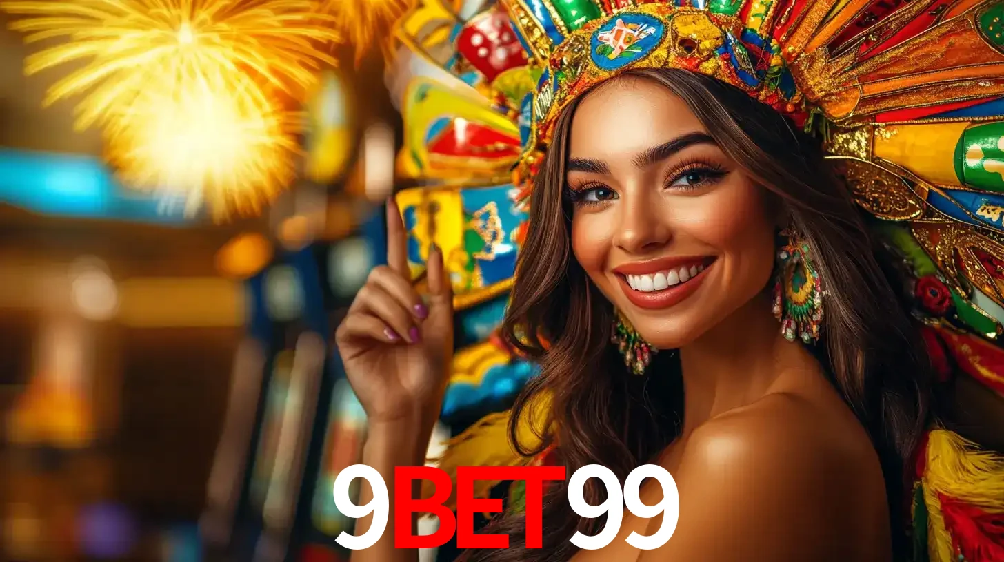 Mulher sorridente com um cocar de carnaval vibrante e colorido, celebrando uma grande vitória nos jogos do cassino 9bet99 com fogos de artifício ao fundo.
