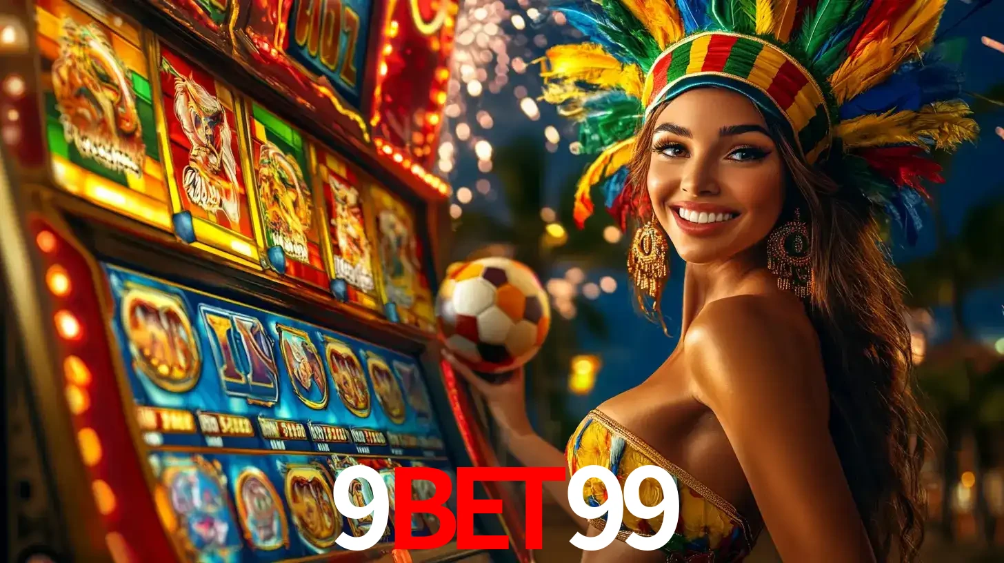 Mulher com um cocar de carnaval ao lado de uma máquina de caça-níqueis enquanto segura uma bola de futebol, mostrando a união da diversão de cassino e esportes no 9bet99.