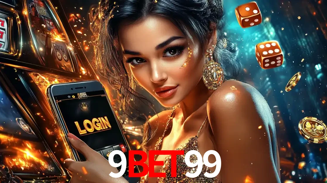 Mulher glamourosa segurando um celular com a tela de login do cassino 9bet99, rodeada por dados e moedas douradas, pronta para começar a diversão.