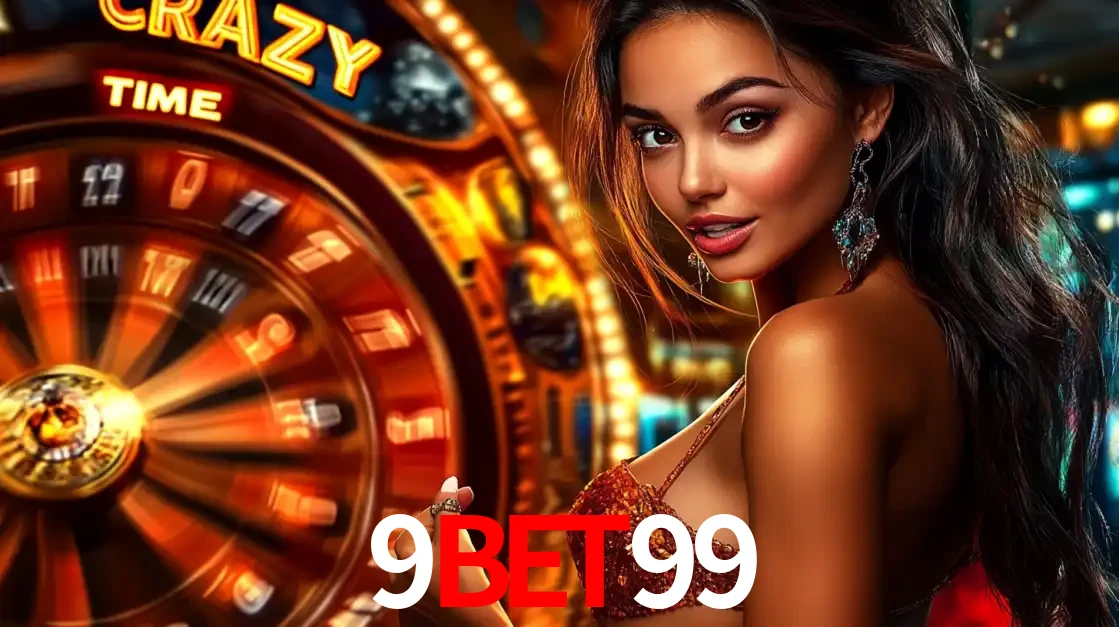 Mulher ao lado da roda de prêmios do jogo de cassino ao vivo Crazy Time, um dos shows de jogos mais emocionantes oferecidos pela plataforma de apostas 9bet99.
