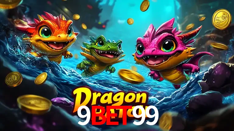 Arte promocional do jogo Dragon Hatch com três adoráveis dragões bebês nadando entre moedas de ouro, um dos slots mais divertidos para jogar no cassino 9bet99.