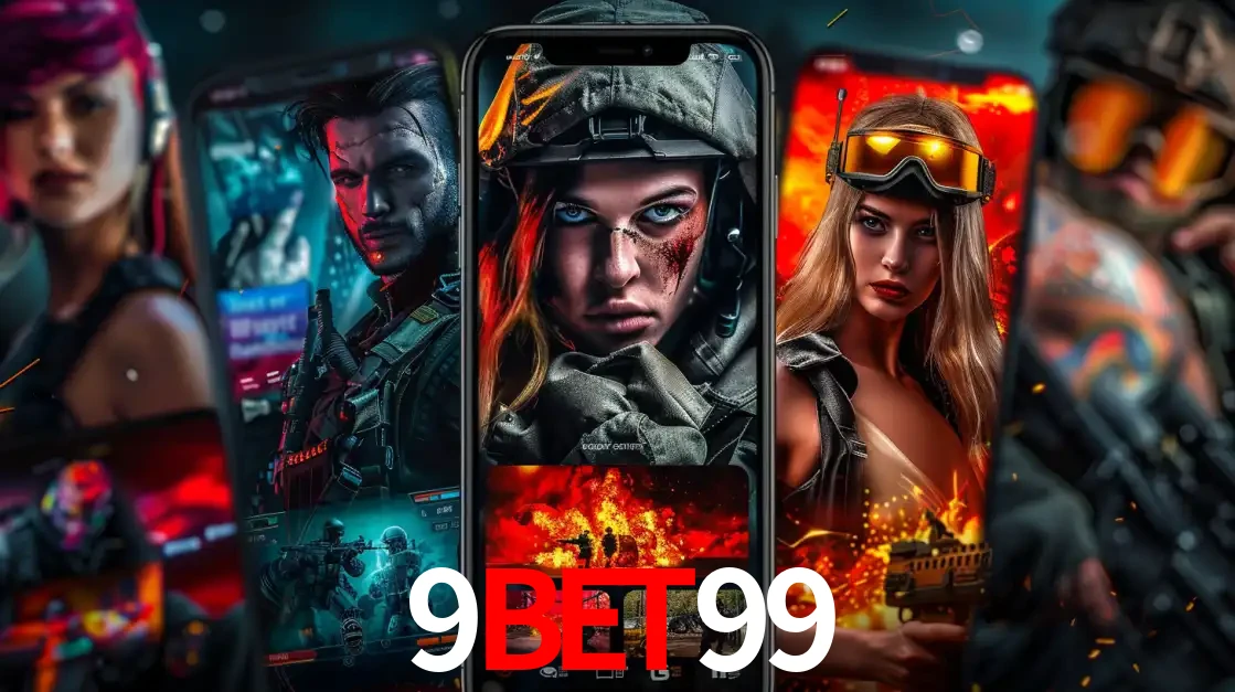 Montagem de telas de celular mostrando diversos personagens, masculinos e femininos, de um jogo de tiro, ilustrando a diversidade de equipes de e-sports para apostar no 9bet99.