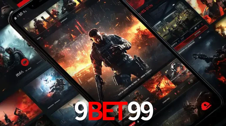 Tela de um celular exibindo uma galeria de jogos de tiro com temática militar, mostrando a variedade de e-sports disponíveis para apostas na plataforma de entretenimento 9bet99.