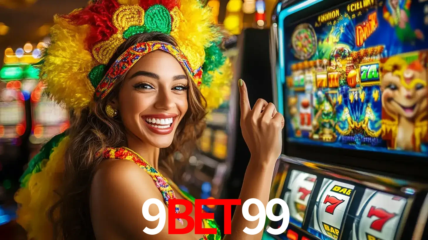 Mulher animada com um cocar de carnaval apontando para uma máquina de caça-níqueis, mostrando a emoção de ganhar um grande prêmio nos jogos do 9bet99.