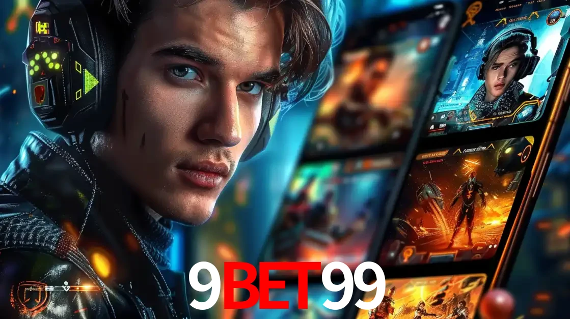 Jovem jogador com fones de ouvido olhando para a câmera, com um aplicativo de jogos e e-sports para celular ao fundo, pronto para a competição e apostas no 9bet99.