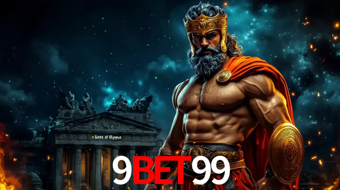 O poderoso Zeus do jogo de slot Gates of Olympus em frente ao seu templo, pronto para lançar multiplicadores divinos e prêmios épicos no cassino online 9bet99.