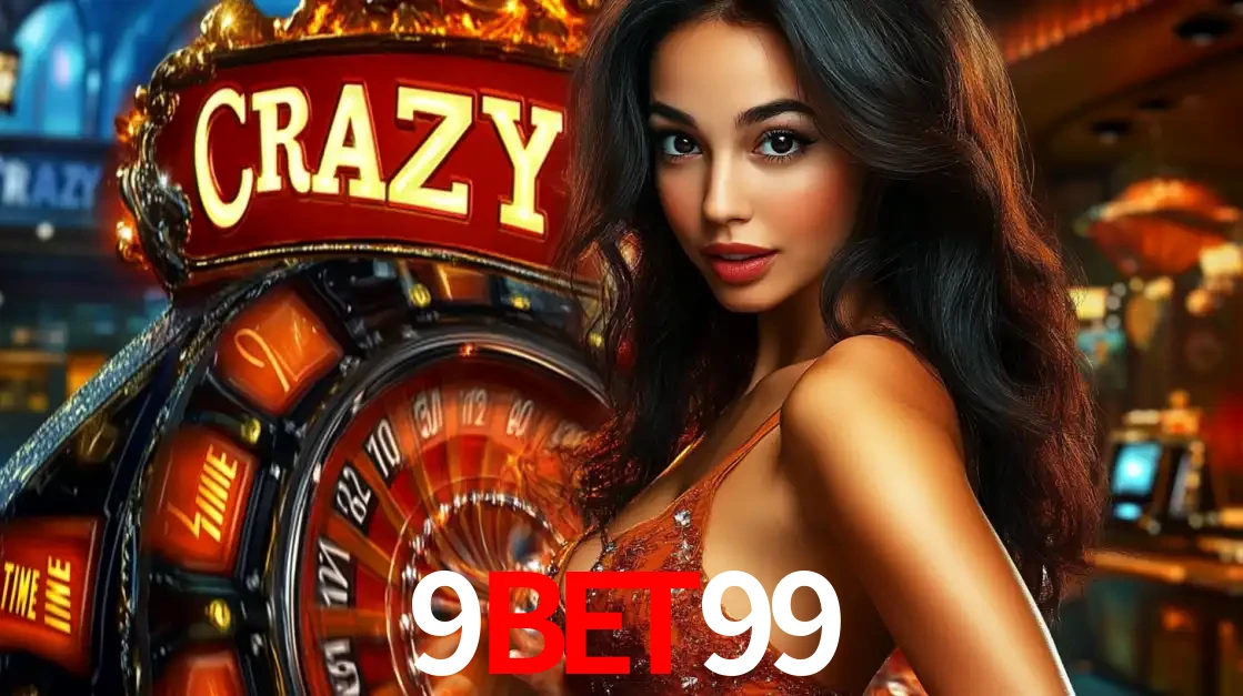 Mulher glamourosa olhando para a câmera com a roda vermelha do Crazy Time ao fundo em um ambiente de cassino, destacando a emoção dos jogos ao vivo no 9bet99.