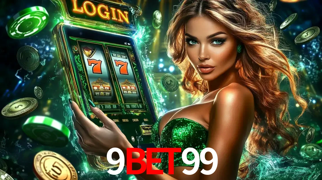 Mulher com tema verde apresentando o aplicativo do cassino 9bet99 com um jogo de slot de 777, cercada por fichas de cassino e uma aura de sorte.