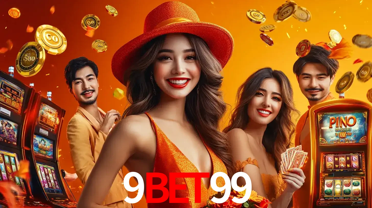 Grupo de amigos asiáticos sorrindo e se divertindo com máquinas de caça-níqueis em um ambiente festivo, celebrando suas vitórias nos jogos de cassino do 9bet99.