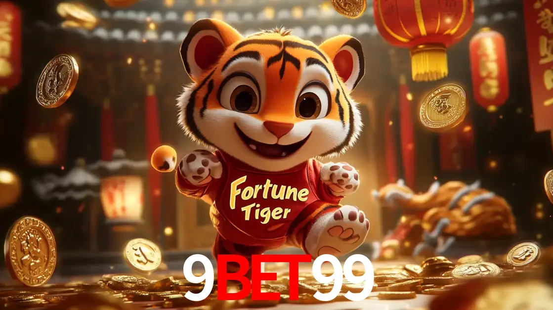 O alegre personagem do Fortune Tiger correndo sobre um caminho de moedas de ouro, simbolizando os grandes prêmios e a diversão do popular jogo de slot do 9bet99.