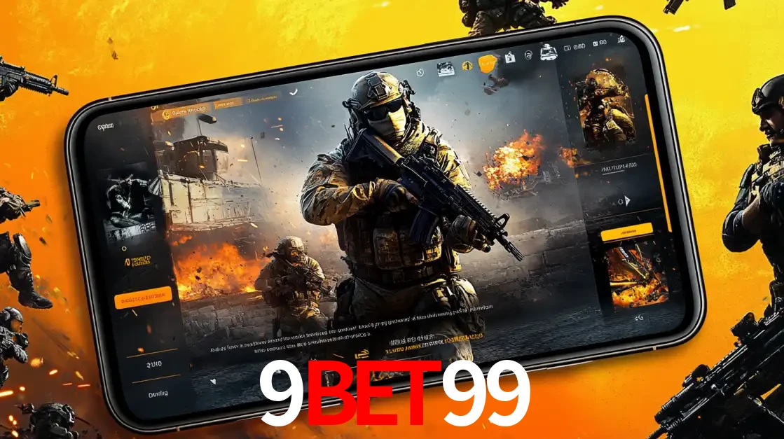 Um smartphone exibindo a interface de um jogo de tiro em primeira pessoa, com um soldado em um cenário de batalha, representando a ação dos e-sports para apostar no 9bet99.