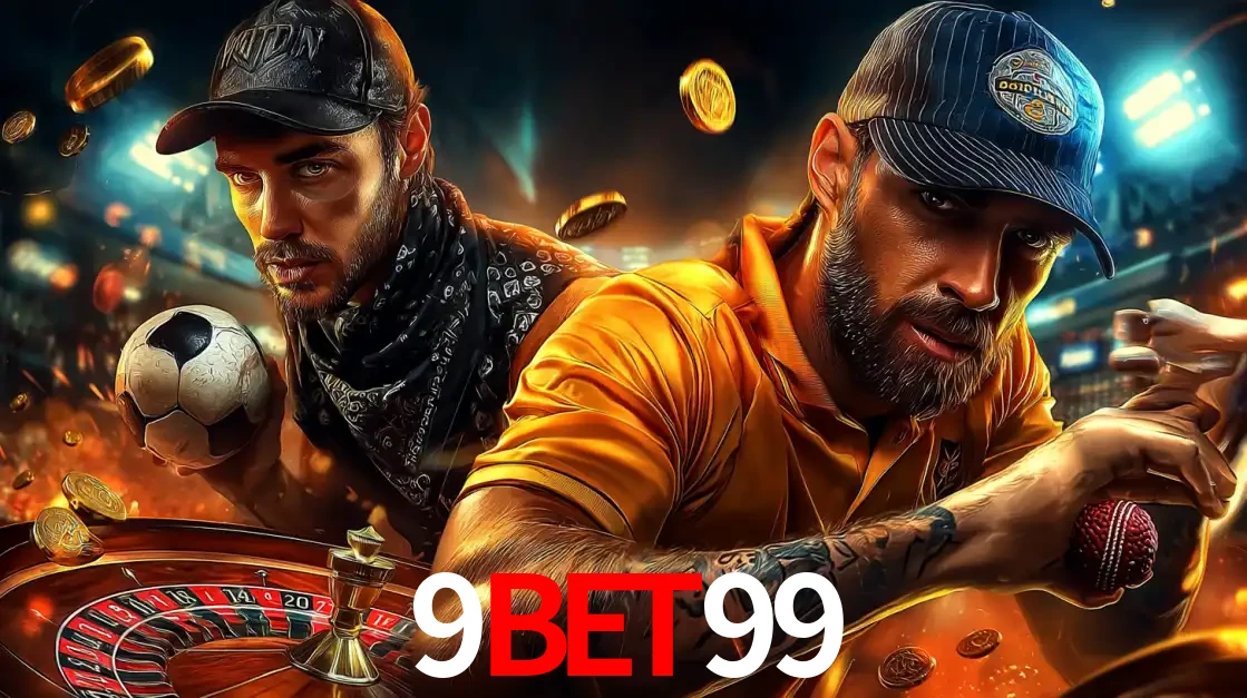 Montagem de apostas esportivas e cassino no 9bet99, com um homem segurando uma bola de futebol e outro uma de beisebol sobre uma roleta e moedas voadoras.