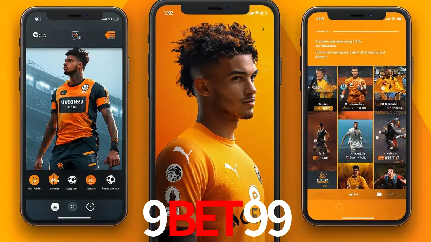 Interface do aplicativo de apostas esportivas 9bet99 em três telas de celular, mostrando o perfil de um jogador de futebol e a lista de jogos disponíveis para apostar.