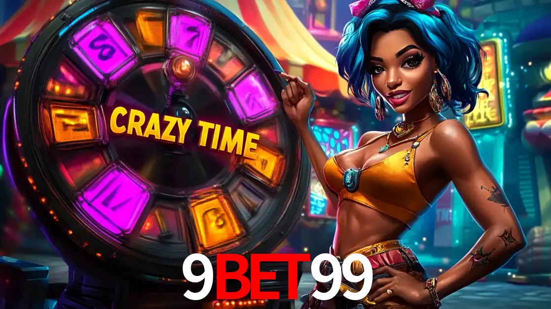 Mulher estilizada com cabelo azul e visual vibrante posando ao lado da roda de prêmios do game show Crazy Time, convidando para a diversão e os bônus do cassino 9bet99.