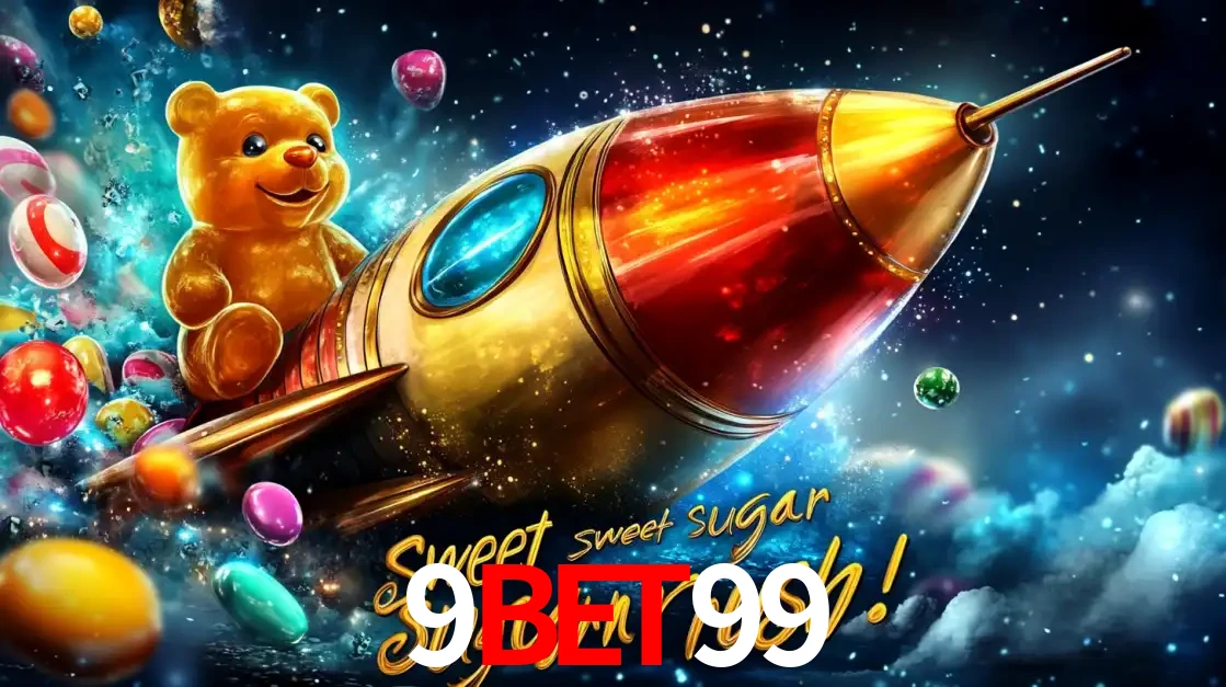 Arte promocional do jogo de slot Sugar Rush, com um urso de pelúcia em um foguete viajando pelo espaço de doces, um dos jogos divertidos disponíveis no cassino 9bet99.