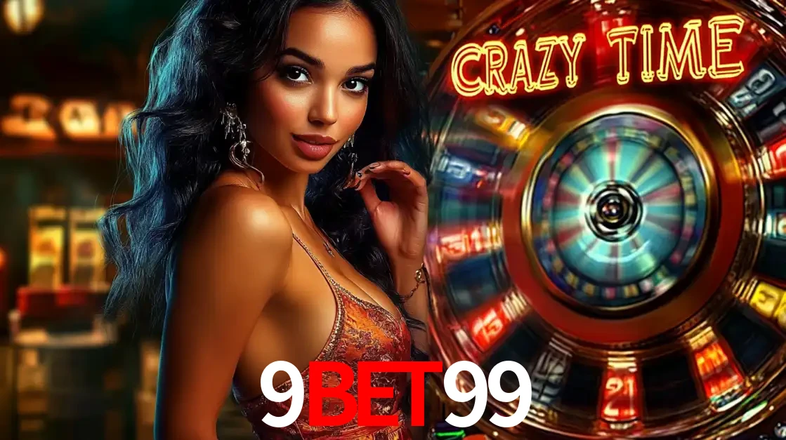 Mulher elegante ao lado da vibrante roda da fortuna do jogo de cassino ao vivo Crazy Time, um dos game shows mais populares e cheios de prêmios do 9bet99.