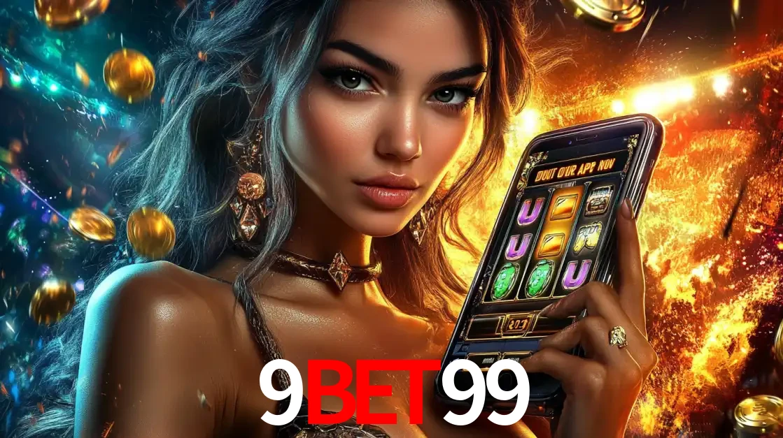 Mulher elegante mostrando um jogo de caça-níqueis em seu smartphone, destacando a experiência de cassino móvel oferecida pelo aplicativo 9bet99.