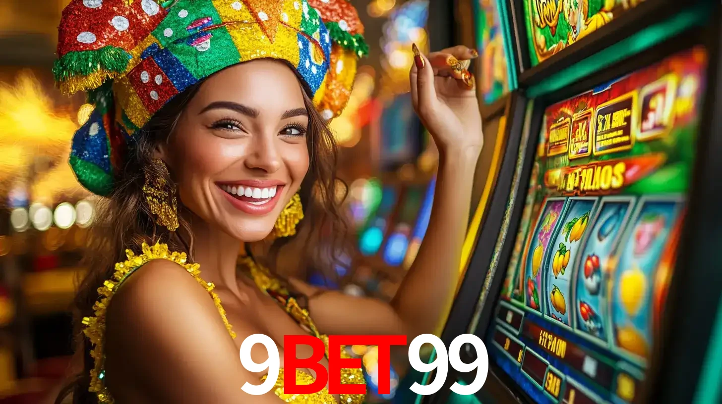 Mulher feliz com traje de carnaval amarelo e colorido ao lado de uma máquina de caça-níqueis, aproveitando a diversão e os jogos temáticos do cassino 9bet99.