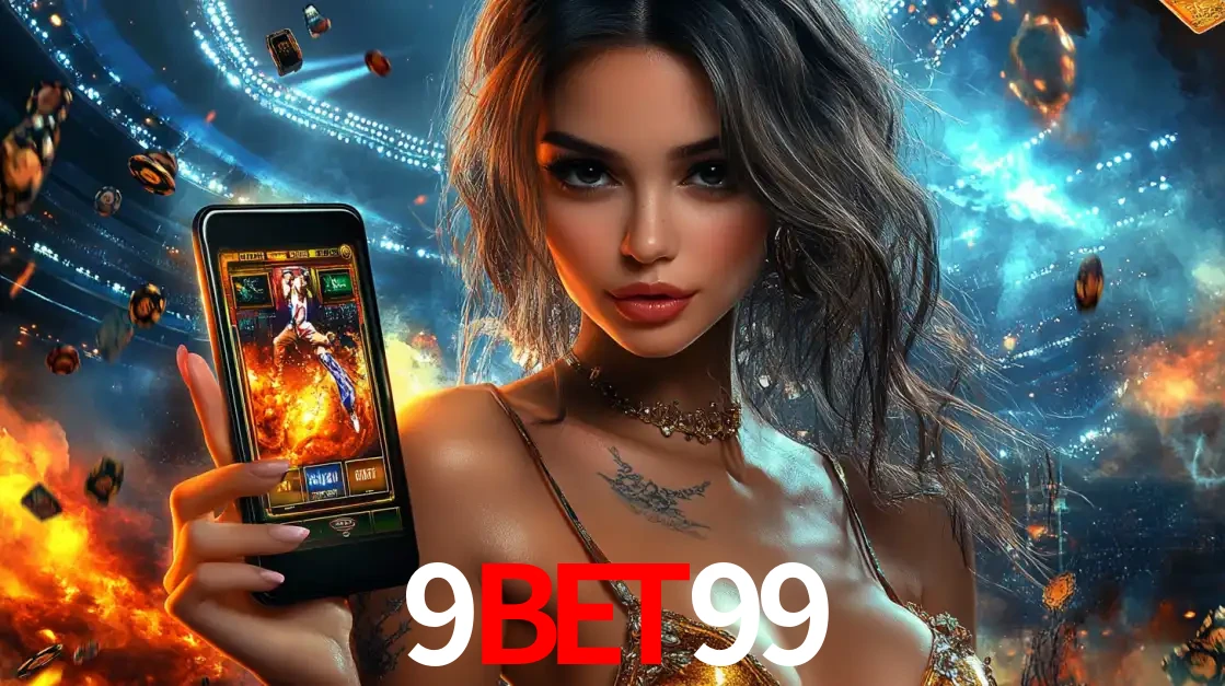 Mulher segurando um celular com um jogo de slot em destaque, tendo como fundo um estádio vibrante, simbolizando a emoção de jogar no cassino móvel 9bet99.