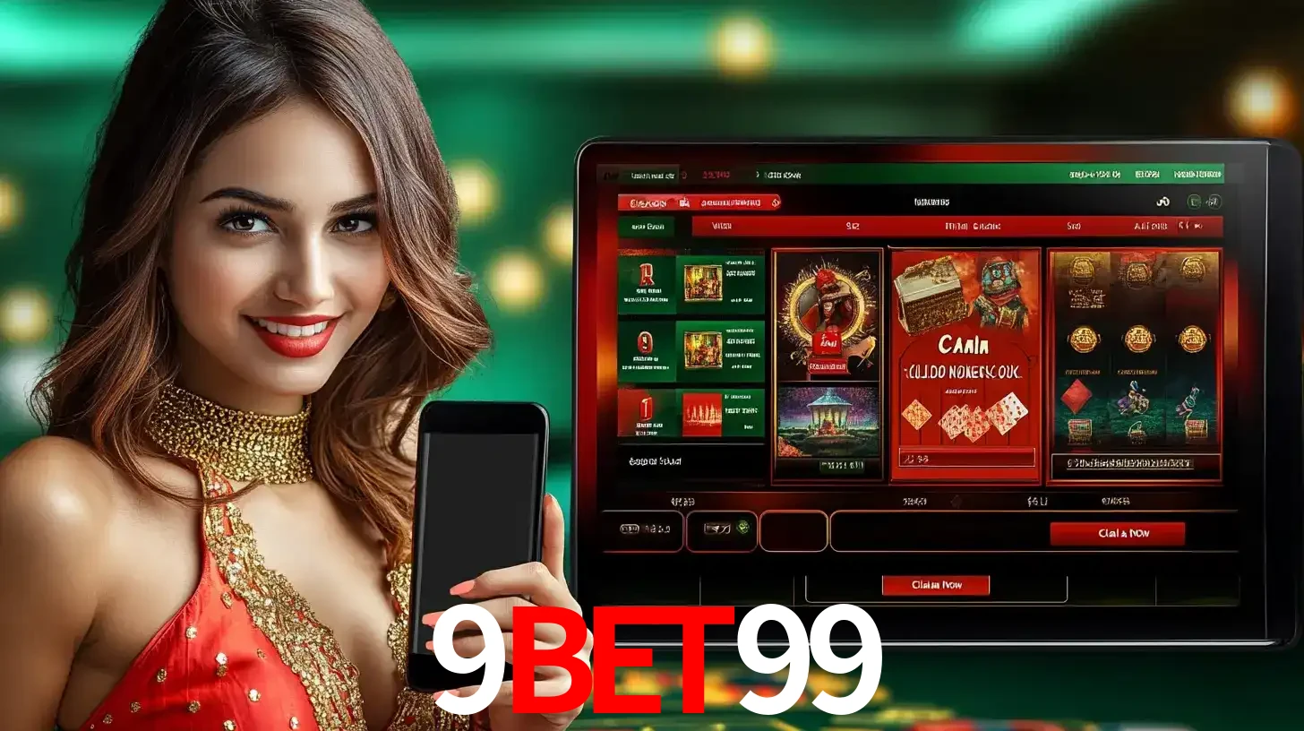 Mulher sorridente segurando um smartphone, ao lado de uma tela exibindo o lobby de jogos do cassino online 9bet99, com várias opções de jogos de cartas e slots.